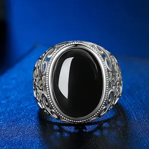 Men's 925 Sterling Silver Black Onyx Hollow Geometric Open Ring