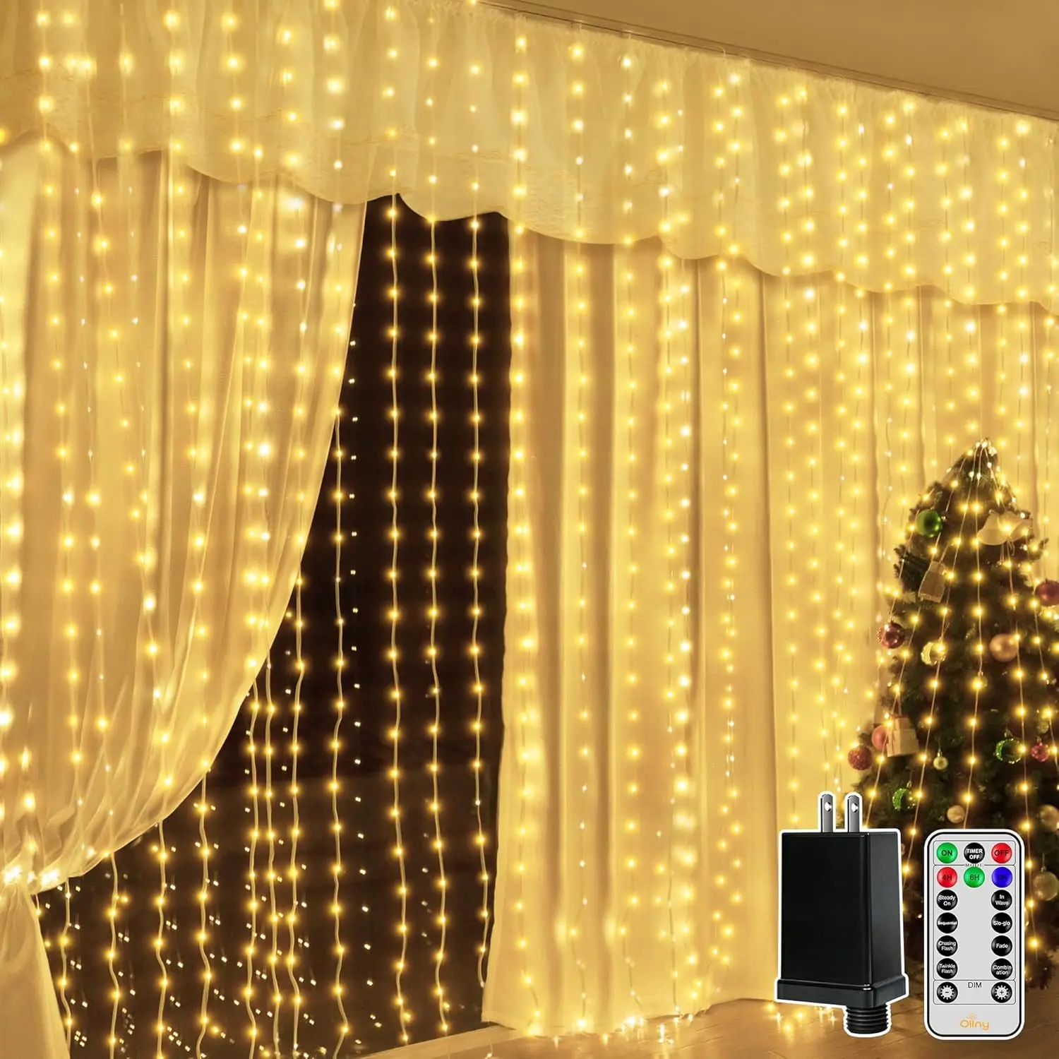 Ollny 600LED IP67 Rating Decorative LED Lights, Untangled Plug-in Rice Lighting, Remote Control 8-Mode Outdoor Wedding Decor Wall Backdrop Lights