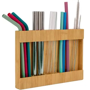 AURA by S&T INC. Straw Holder for Cabinet Door, Kitchen Organization for Straws with 5 Compartments, Removable Mounting Strips, 9.5 inches x 6.5 inches x 1 inch, Plastic, Bamboo