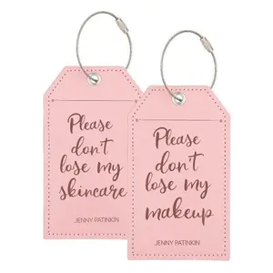 Precious Cargo Luggage Tags for Beauty Lovers Makeup Lovers Set of 2 with Pink Vegan Leather and Rose Gold Text, Made with Reusable Steel Rings for Secure Attachment