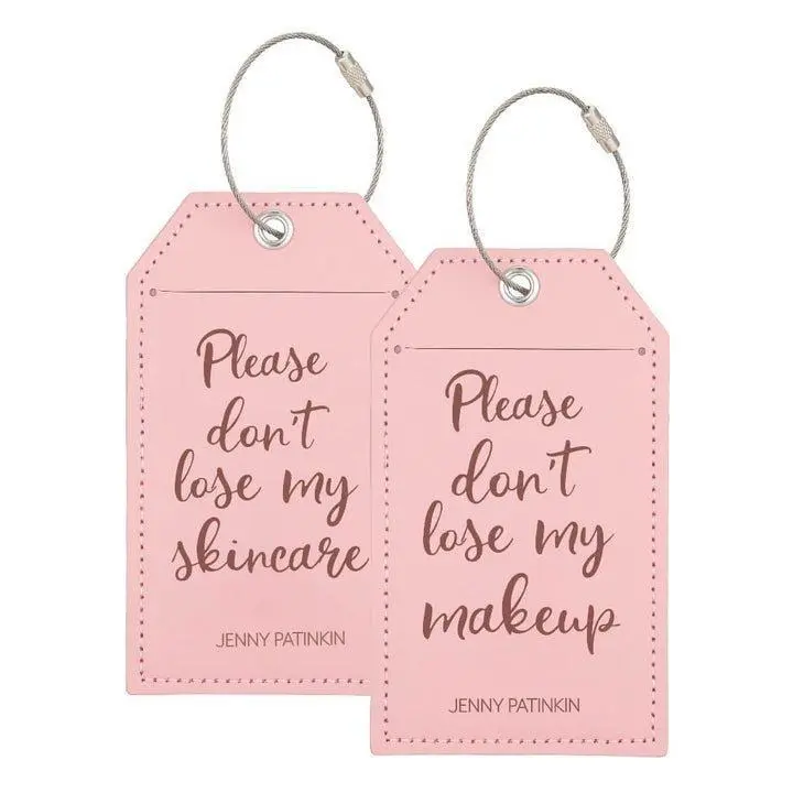 Jenny Patinkin Precious Cargo Luggage Tags (Set of 2) - Pink Faux Leather, Rose Gold Text, Reusable Steel Rings, Stylish Playful Charm, Fits Any Type of Bag, 5.25" x 3.5" x.2" Secure Attachment