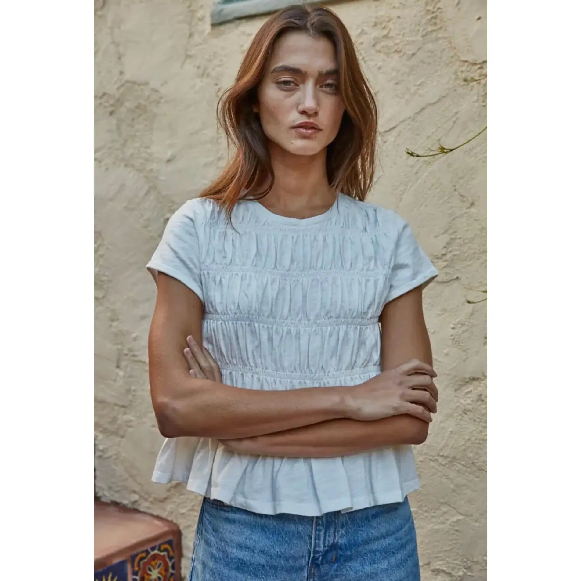 Mattie Smocked Cotton Tee - White