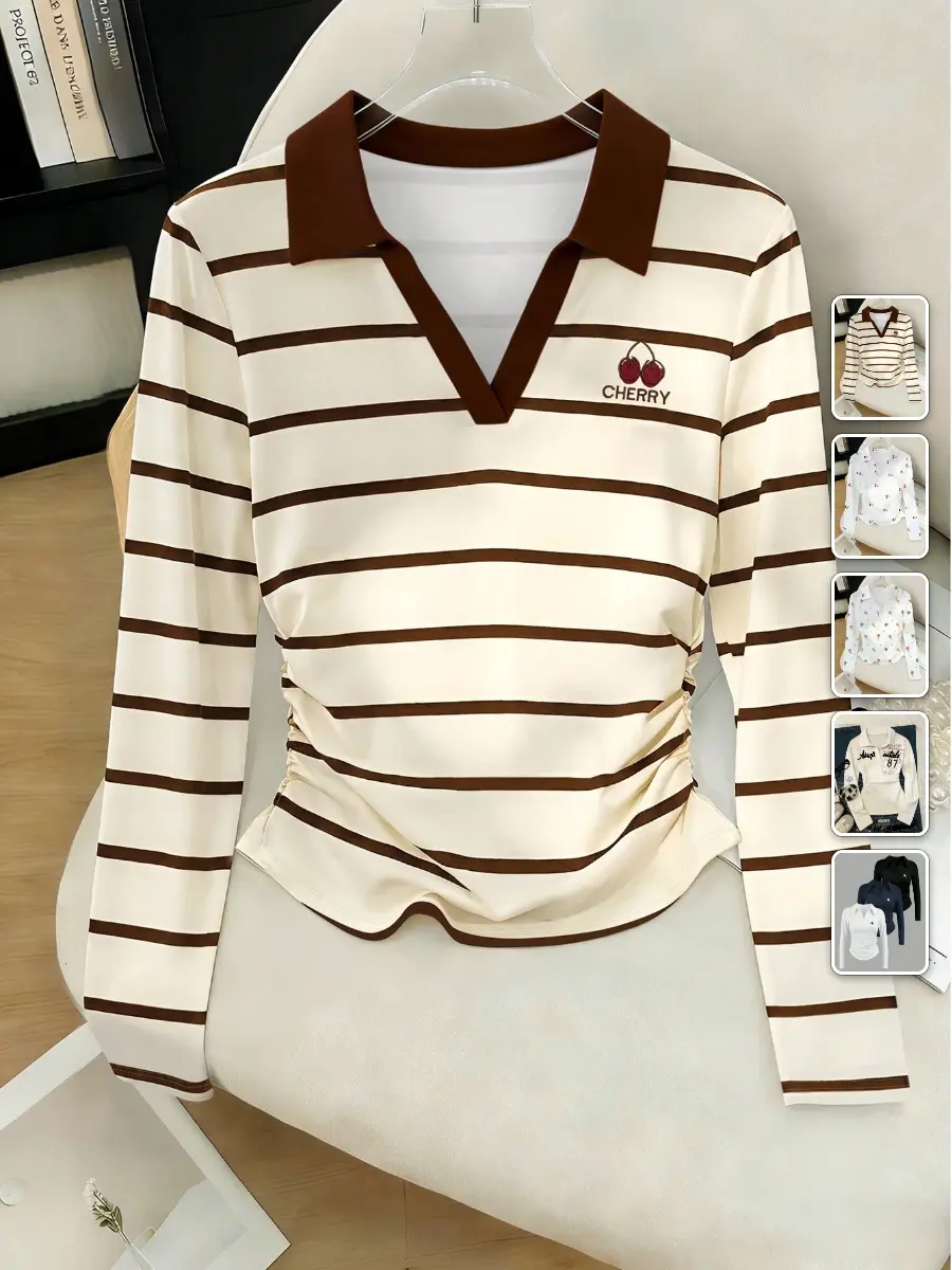 Polo Shirt Letter Print Slim Fit Long Sleeve Waist Cinching School Girl Outfit