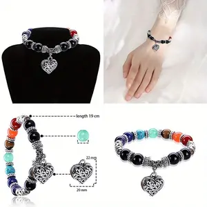 7 Chakra Bracelet with Heart Charm, Amethyst & Gemstone Beaded Stretch Jewelry for Yoga & Meditation, Unisex Chakra Balancing Spiritual Gift, Brooch