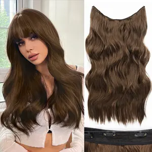XINRAN Hair Extensions with Adjustable Clear Fishing Wire Hair Extensions 4 Safety Clips Long Wavy Invisible Fishing Wire Secret Extension Wig Natural and Easy to Wear Suitable for Women Daily Party Use (Brown, 20 Inch)