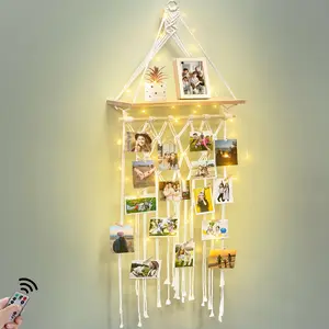 Macrame Photo Display Hanging Shelves for Wall Decor with Light 30 Clips Gift Cotton Shelf Switch