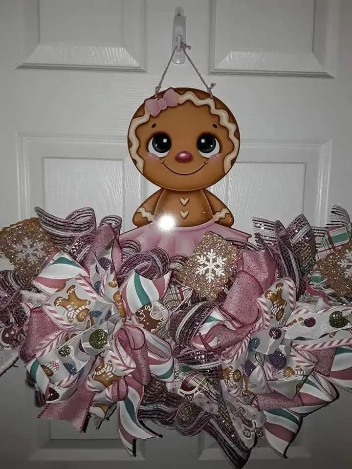 Gingerbread Girl Christmas Door Hanger with Festive Bow and Snowflake Design for Holiday Decor