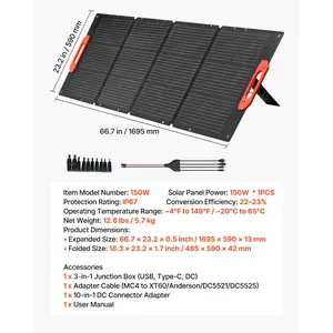 VEVOR 150W Foldable Monocrystalline Solar Panel, 23 Efficiency Portable ETFE Mono Solar Panel Charger with MC4 Output, Type-C, QC3.0 USB DC Ports, IP67 Waterproof for Power Stations Camping Hiking