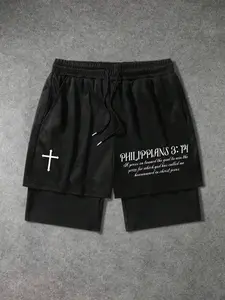 Men's Faith-Based Streetwear Gym Shorts - 2-in-1 Double Layer Layered Athletic Shorts with Phone Pocket & Philippians 3:14 Scripture - Aesthetic Cross Graphic Mesh Shorts for Gym, Outdoor Sports, and Daily Activewear