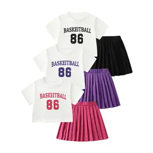 6-piece girls' summer casual short-sleeved short skirt children's fashion T-shirt digital printing design short-sleeved plus fashion pleated skirt summer suit