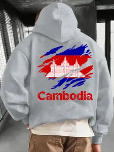 Men's Cambodia Print Zip Hoodie, Fall & Winter Casual Fitted Regular Fit Long Sleeve Hooded Sweatshirt, Fashion Daily Wear Clothing