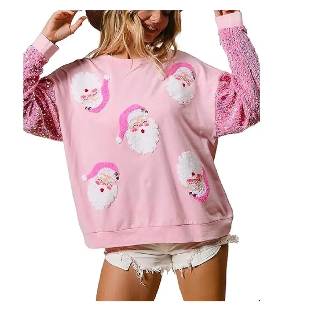 Women's Glitter Sequin Sweater - Baggy Oversized Loose-Fitting Crewneck Pullover, Christmas Santa Graphic Sparkly Long Sleeve Athletic Activewear, Party Basics Clothes, Comfortable Holiday Street Top