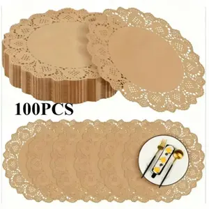 100 Pack Round Kraft Paper Doilies, 13.5 Inch Lace Paper Place Mats, Rustic Scallop Disposable Table Pads for Parties
