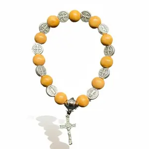 Elastic Rosary Bracelet Saint Benedict Wooden grain 8 mm