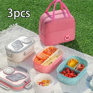 3pcs Lunch Box Set, Including Lunch Box, Insulated Bag, Breakfast Cup, Suitable for Office, School, And Outdoor Lunch Carry, Salad Cup, Insulated Set. Divided Lunch Box, Back-To-School Student Supplies, Bento Box, Lunch Bag