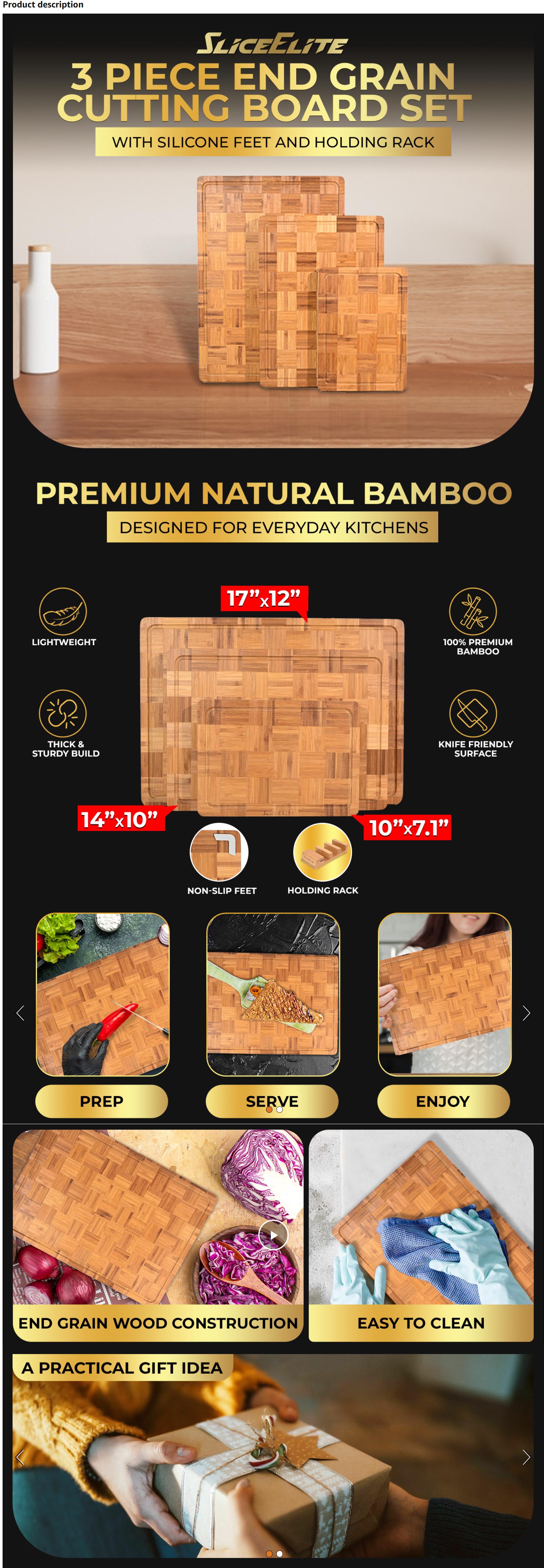 SliceElite Thick 3-Piece Upgraded Bamboo End Grain Butcher Block Set - Anti-Slip Grip Chopping Boards with Silicone Feet, Juice Groove, Holder, Oil Organiser for Kitchen Food Prep, 10" Cheese Board, Holidays SliceElite Thick 3-Piece Upgraded Bamboo End Grain Butcher Block Set - Anti-Slip Grip Chopping Boards with Silicone Feet, Juice Groove, Holder, Oil Organiser for Kitchen Food Prep, 10" Cheese Board, Holidays