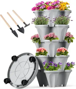 GameXcel Vertical Planter Tower - 5 Tier Stackable Garden Planters with Wheels and Tools Plant Pots for Strawberry Herb Flower and Vegetable Indoor Outdoor Use Gray