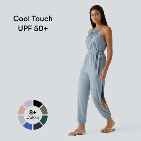 Halara Sleeveless Tie Back Plicated Belted Side Pocket Cut Out InstantCool Resort Jumpsuit