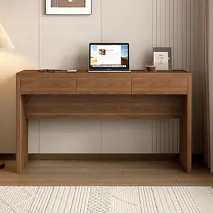 Aesthetic Walnut Computer Desk with Drawers & Hidden Charging Station, 47"/55" Minimalist Office Desk, Quick Assembly Writing Table for Small Spaces