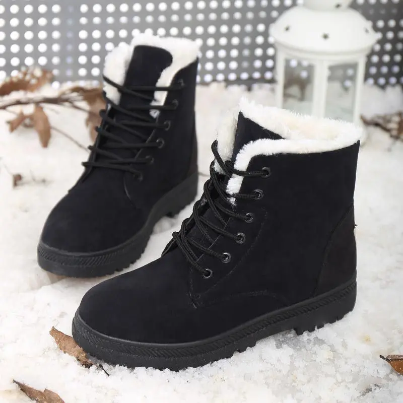 Women's Multi-Color Cotton Lined Warm Ankle-Length Flat Lace-Up Walking Shoes, Female Outdoor Wear Winter Snow Boots