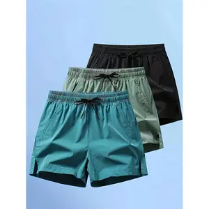 3pcs of Men's 92% Polyester Solid Color Microelastic Drawstring Pocket Casual Swim Trunks