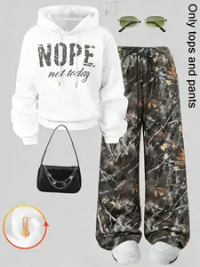 2-Piece Unisex Streetwear Set: White “NOPE“ Fitted Pullover Hoodie & Camouflage Branch Straight-Leg Pants, Casual Matching Outfit for Men and Women, Daily Urban Fashion