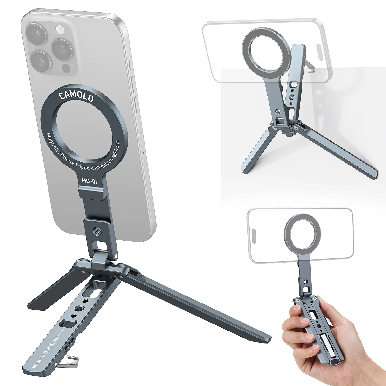 CAMOLO Magnetic Pocket Phone Tripod Foldable with Hook, MG-07 Phone Holder Compatiable with Magsafe for iPhone 16 15 14 13 12 Pro Max Plus Series, 1/4" Screw Tripod Mount, 2-in-1 Dual Magnetic for phone/ipad,Magnatic Tripod,Lightweight Phone Stand Travel