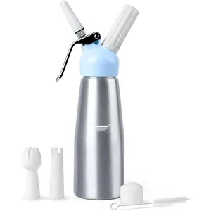 Professional Whipped Cream Dispenser,Aluminum Body 1-Pint / 500 ml,Cream Maker with 3 Plastic Decorating Tips and 1 Cleaning Brush
