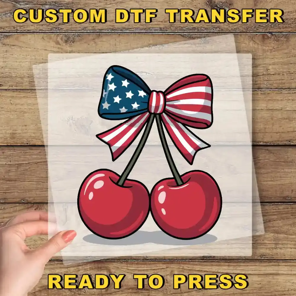 4th Of July Cherry Ready To Press Design, USA Flag Cherry Coquette Bow DTF Transfer
