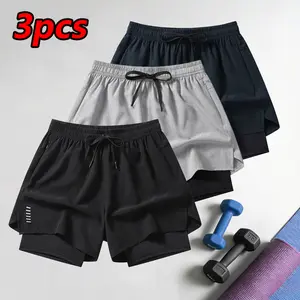 3-pack men’s faux two-piece athletic shorts, Summer 2026 new collection, loose casual breathable three-inch inseam shorts with elastic waistband and drawstring design