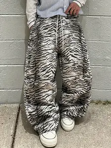 Unisex Retro Vintage Tiger Print Wide Leg Pants, Elastic Waist Drawstring, Y2K Streetwear Style, Loose Fit Casual Long Trousers for All Seasons