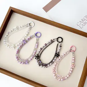 Double Chain Crystal Bow Phone Lanyard| Woven Anti-Lost Phone Strap with Phone Pad