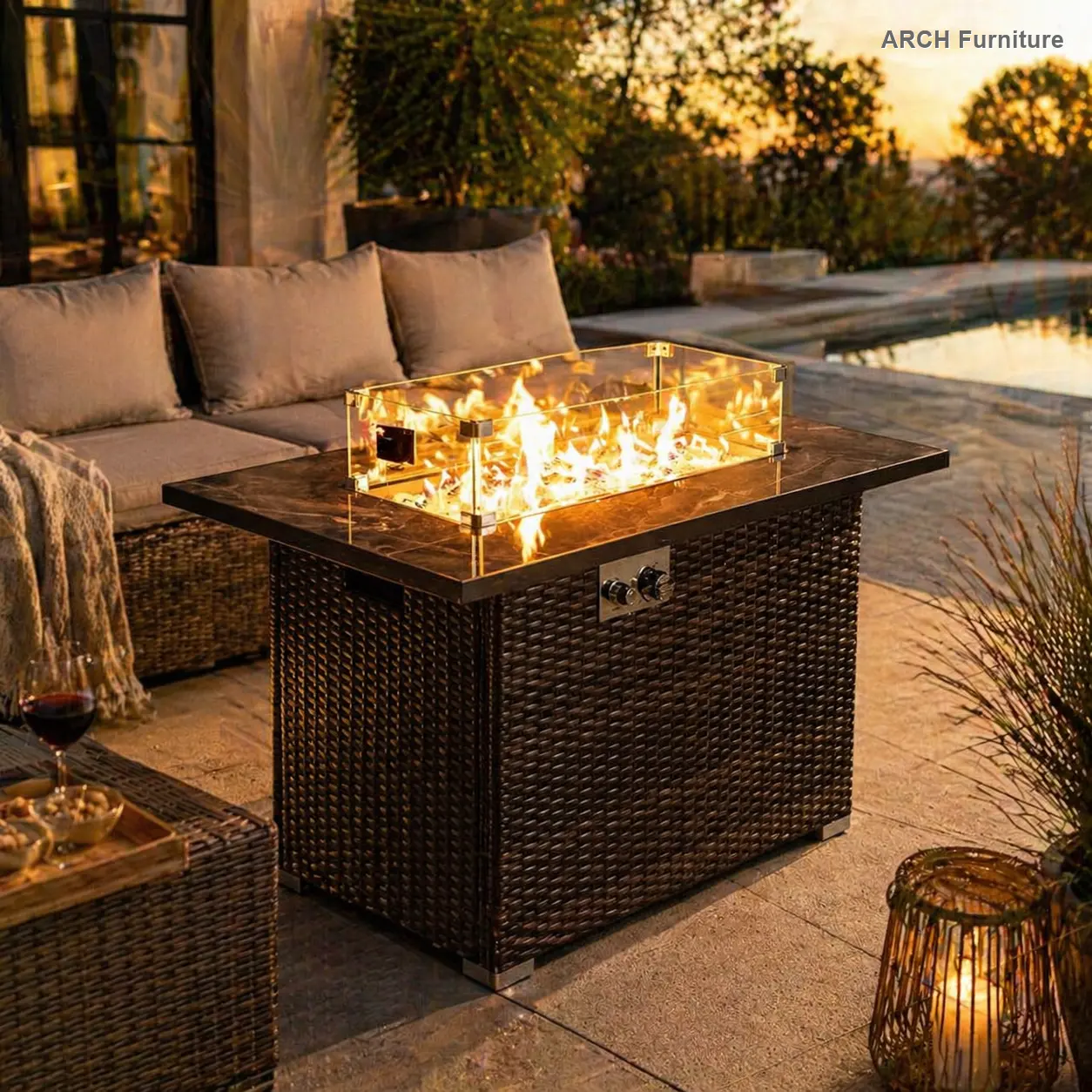 ARCH 44" Rectangular Propane Gas Outdoor Fire Pit Table, 50000 BTU Modern Free-Standing Fireplace with Brown Ceramic Tile Tabletop, Wicker Base, Windproof Guard, Heavy-Duty Weather-Resistant Stainless Steel Patio Furniture, Certified Safe, Includes Cover