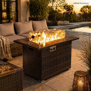 ARCH 44" Propane Gas Fire Pit Table, 50000 BTU Rectangular Fire Pit, Tile Tabletop with Beautiful Wicker Base for Outside Patio Deck Garden Courtyard-Brown, Weather-Resistant, Outdoor Furniture Set Heavy Duty Firepit Decorative