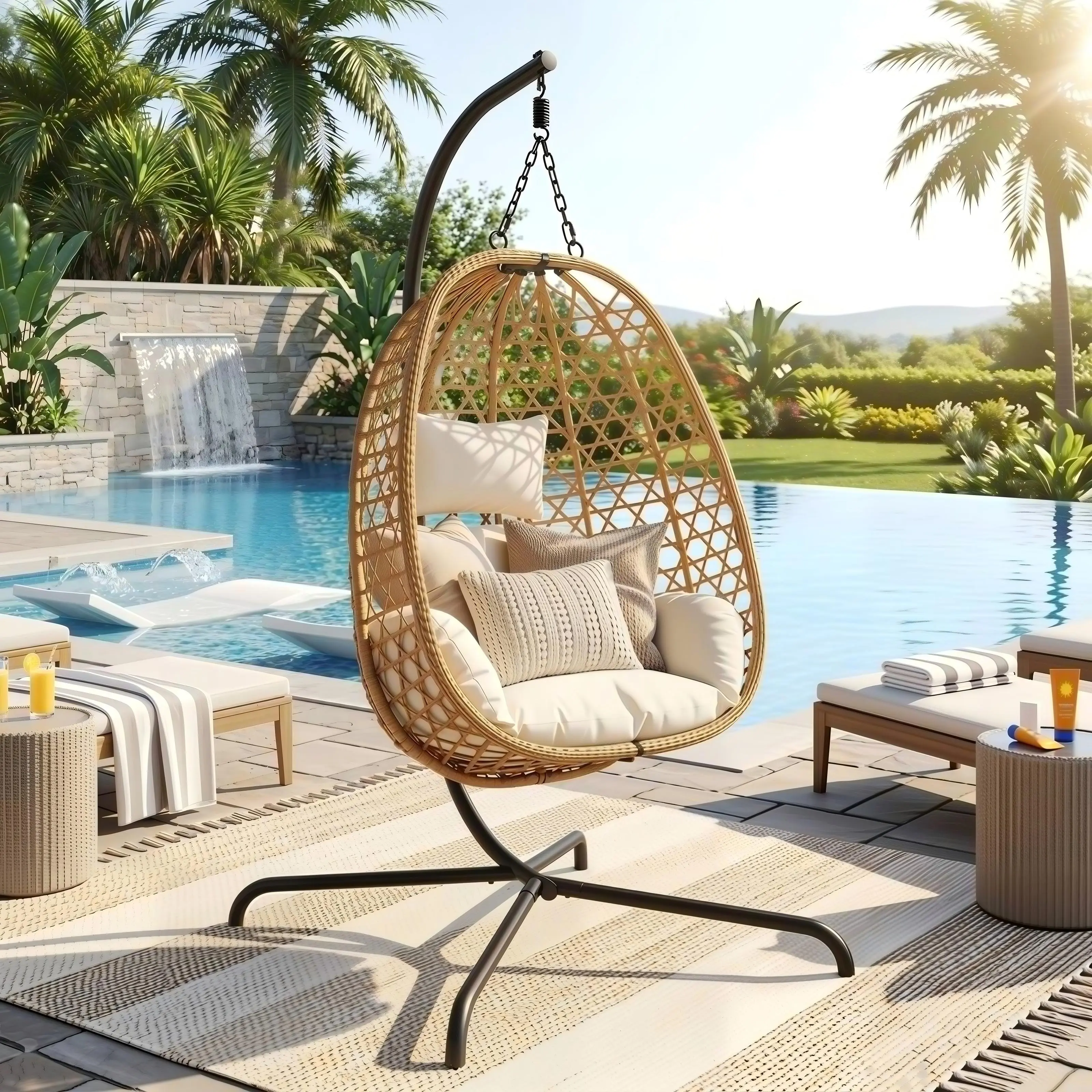 [Bellemave] Indoor Outdoor Egg Chair with Stand, Patio Wicker Hanging Chair, Hammock Swing Chair, 350LBS Capacity for Bedroom, Balcony, Garden, Beige
