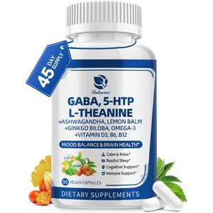 GABA Calm Supplement Capsules 10 in 1 with L Theanine 5HTP Ashwagandha Lemon Balm Ginkgo Omega 3 Sleep Relaxation Mood Focus Cortisol Support 90 Count