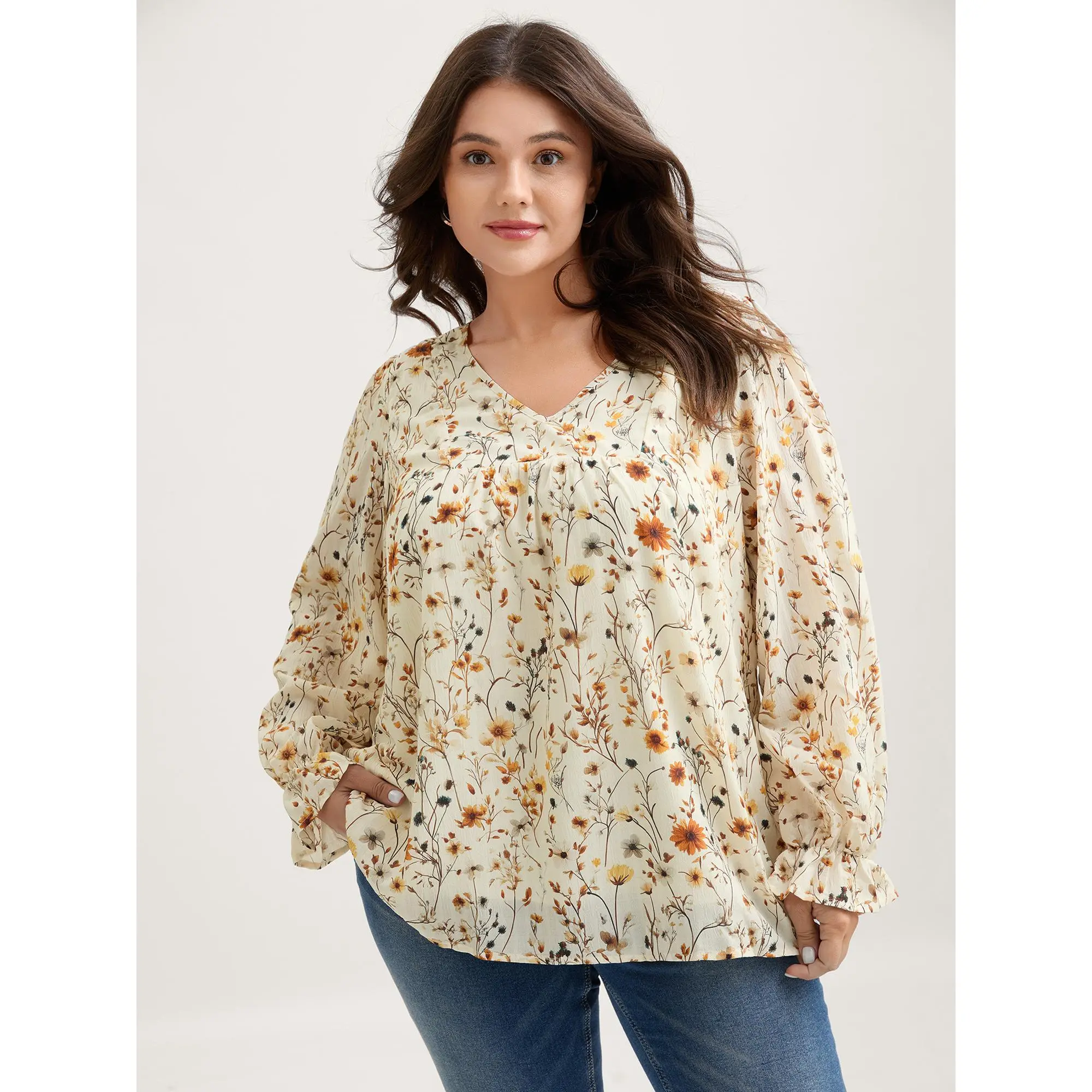 BloomChic Women's Plus Size Polyester-Spandex Floral V-Neck Blouse - Long Ruffled Sleeves, Ruched Detail, Breathable Fabric, Ditsy Flowers, Comfy Casual Chic, Regular Length, Everyday Summer OOTD Ideas Wardrobe Staple