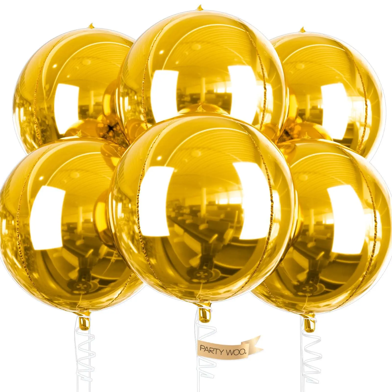 PartyWoo Luxury 4D Sparkle Metallic Gold Foil Balloons, 6pcs 22 In Giant Size Round Mylar Mirror Decor, Inflatable Accents for Graduation, Birthday, Instant Party Glam