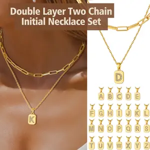FindChic A-Z 26 Letters Double Layer Choker Necklace Set Alphabet Initial Name Lariat Chain Minimalist Pendant Seperated Chain Everyday Jewelry For Women