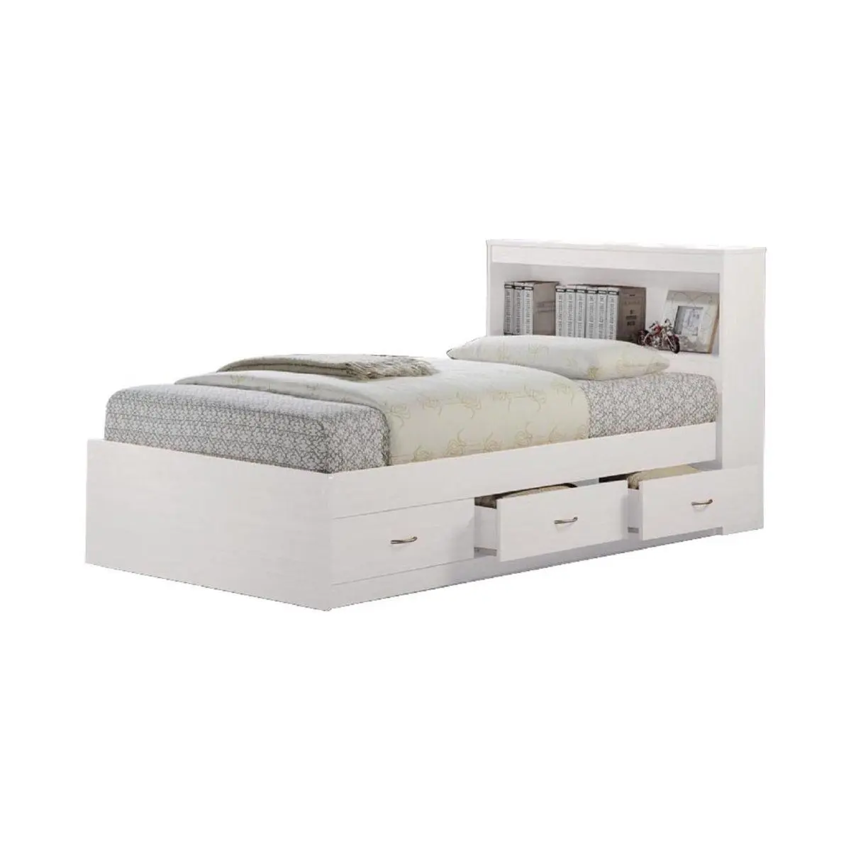 212 MAIN White Wood Twin-Size Captain Storage Bed with 3 Drawers & Headboard - Indoor Bedroom Furniture, Single Bed for Kids, Bedroom Decor
