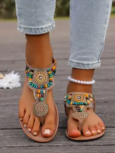 Bohemian Beaded Toe-Open Sandals, Vintage Ethnic Style Flat Vacation Shoes, PU Leather, Rubber Sole, Floral Pattern, Less Than Ankle Height