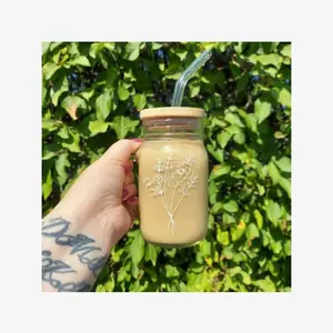 Flower Mason Jar Cup with Straw and Lid
