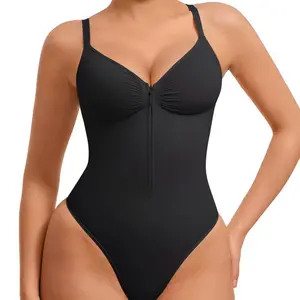 Bodysuit Women Tummy Control - Black V-Neck Spaghetti Strap Bodysuit with Front Zipper Closure