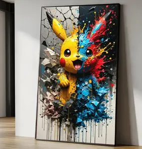 Vibrant Pikachu Canvas Wall Art, Abstract Pop Culture Canvas, Color Splash Pokemon Art, Modern Kids Room Decoration, Ready to Hang