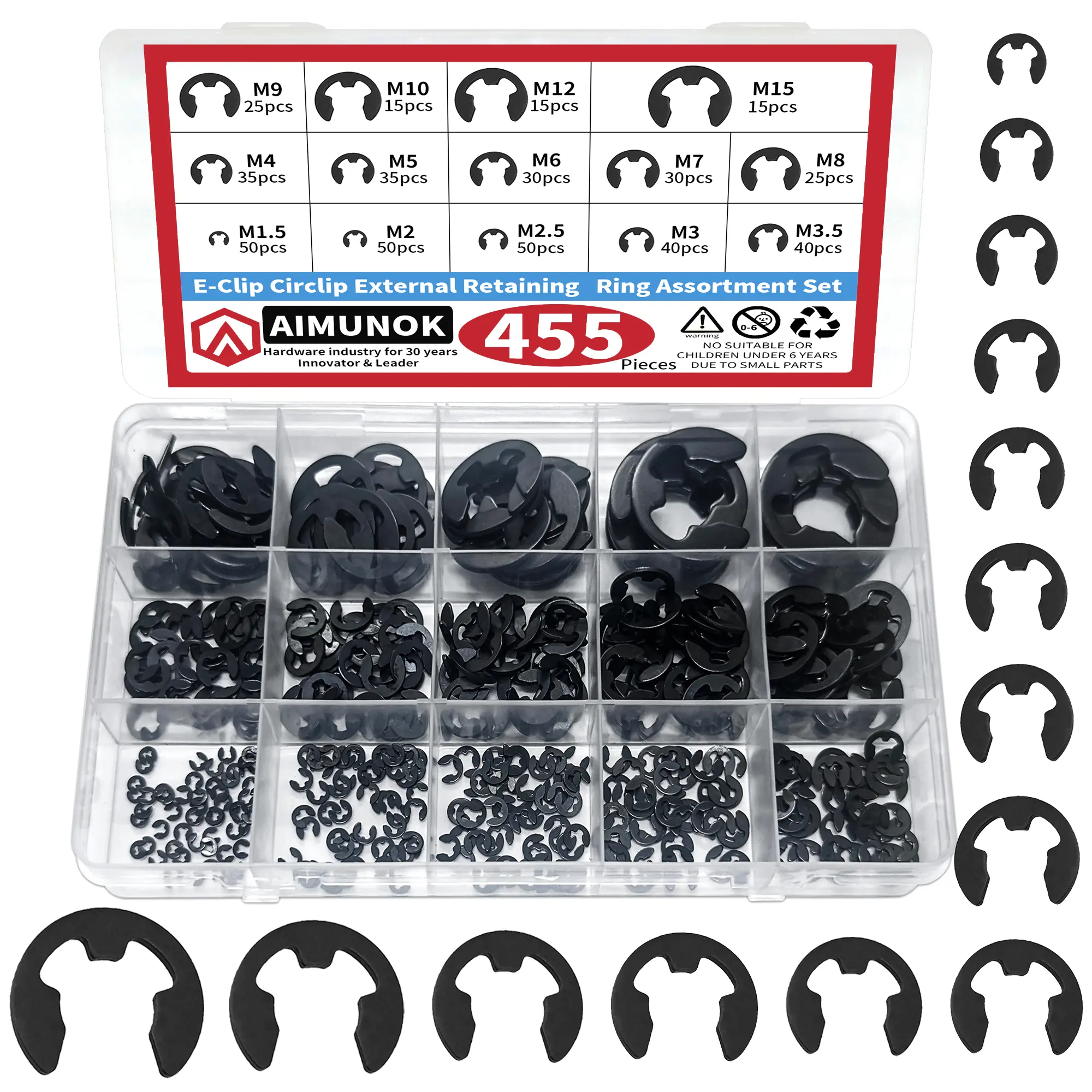 455pcs E-Clip Assortment Set Assortment Set M1.5-M15,External Retaining Ring Kit,Circlip Snap Ring Assortment,Carbon Steel E Clips for Shafts,External Circlip Retaining Ring Kit for Automotive, Bike, Machinery Repair