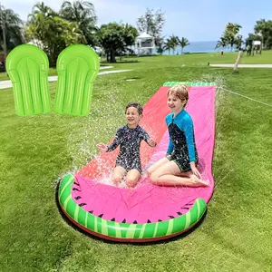 Watermelon Shape Twin Lawn Water Slide with Sprinkler, Thick PVC Slippery Ramp, Includes 2 Floats, Outdoor Summer Toy for Kids and Adults