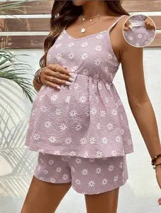 ELLIOTTWII Maternity Daisy Print Camisole And Adjustable Waist Shorts Casual 2 Pieces Set