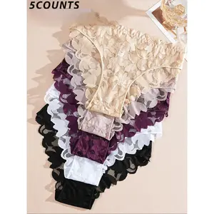 Women's Sexy Lace Underwear Set, Fitted Comfortable Breathable Panties, Multi-Color Hollow-Out Lingerie for Women's Daily Wear, Lace-Trim Panties, Fashion Comfy Underwear