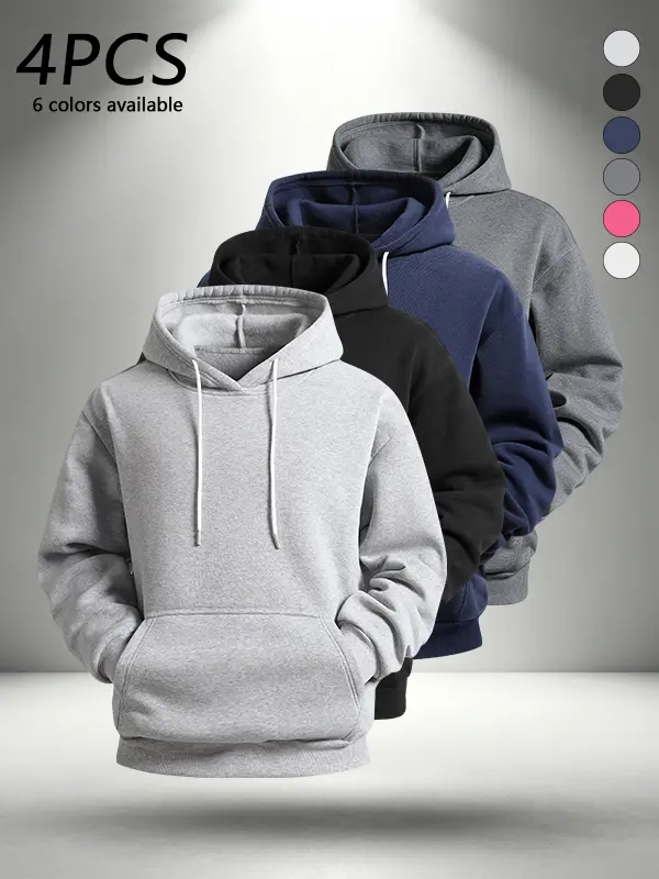 4-pack men’s minimalist solid-color casual athletic hoodies, loose pullover design, kangaroo storage pocket, adjustable drawstring hood, fashionable, versatile hoodie, soft and comfortable fabric