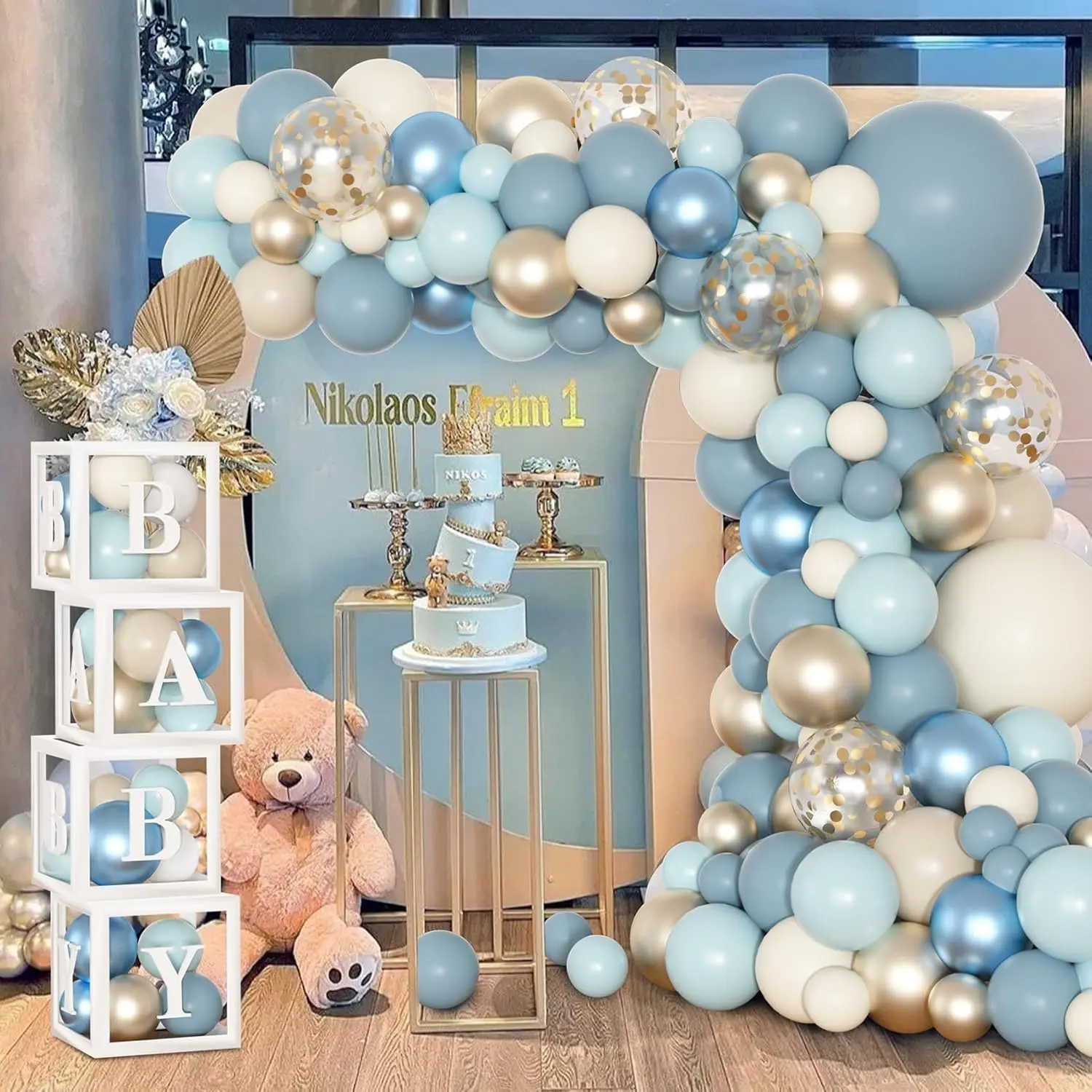 Dusty Blue Balloon Arch Kit Baby Shower Boy Decorations | Blue Gold Balloon Garland with Baby Boxe & Letter for Gender Reveal Birthday Party